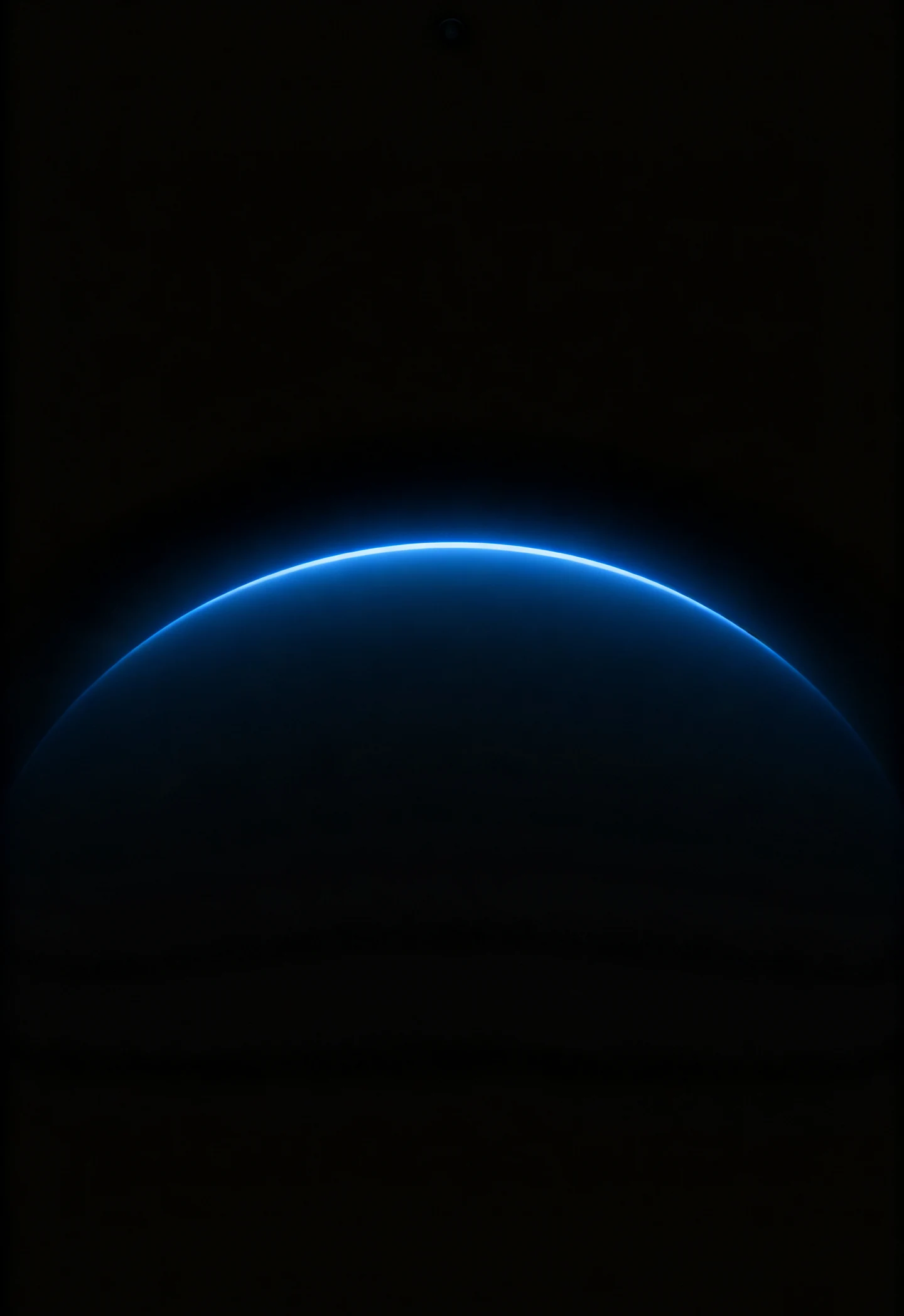 AMOLED & Dark wallpaper fitted to the iPhone Duo outer display — a soft blue arc low in the frame opening upward like a partial halo