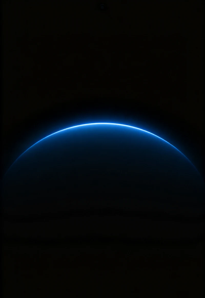 AMOLED & Dark wallpaper fitted to the iPhone Duo outer display — a soft blue arc low in the frame opening upward like a partial halo